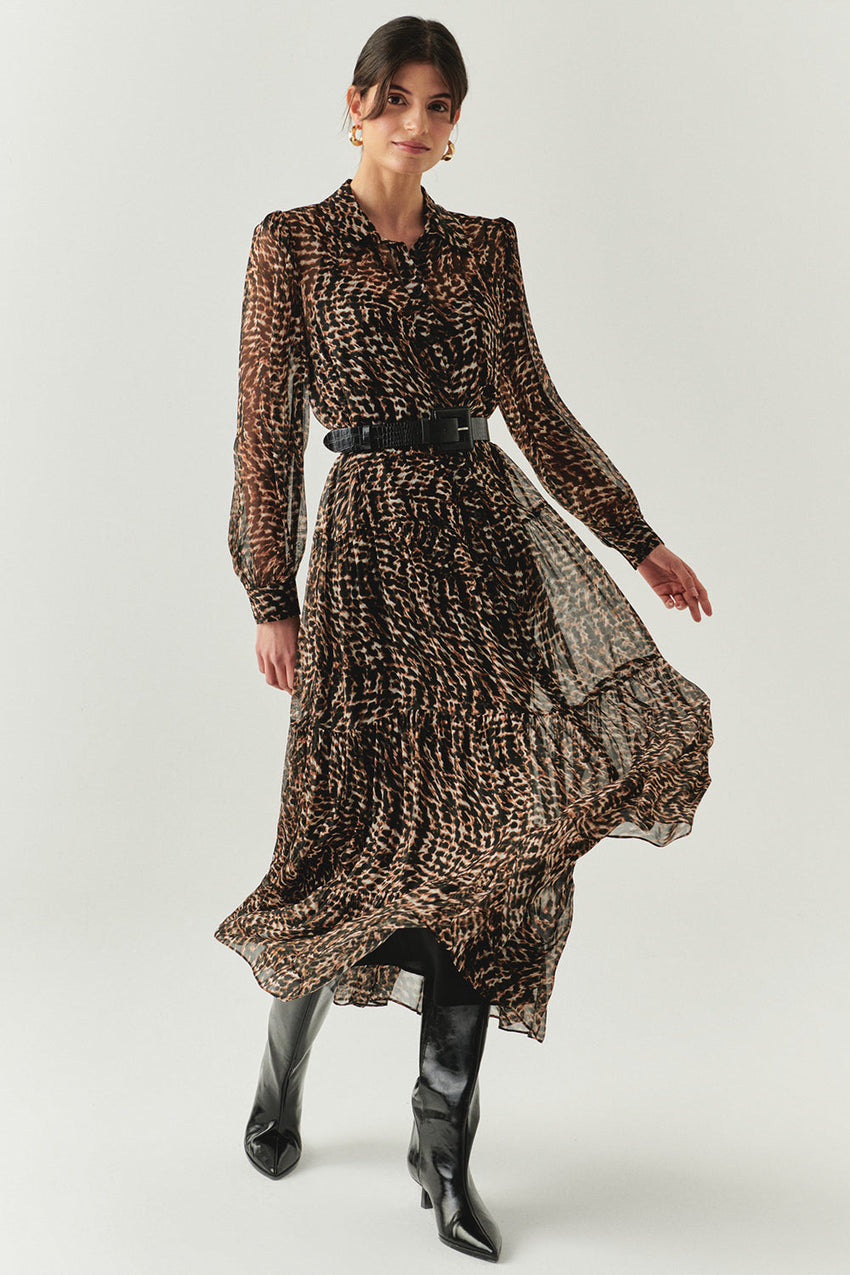 Aliza Printed Chiffon Belted Shirt Dress