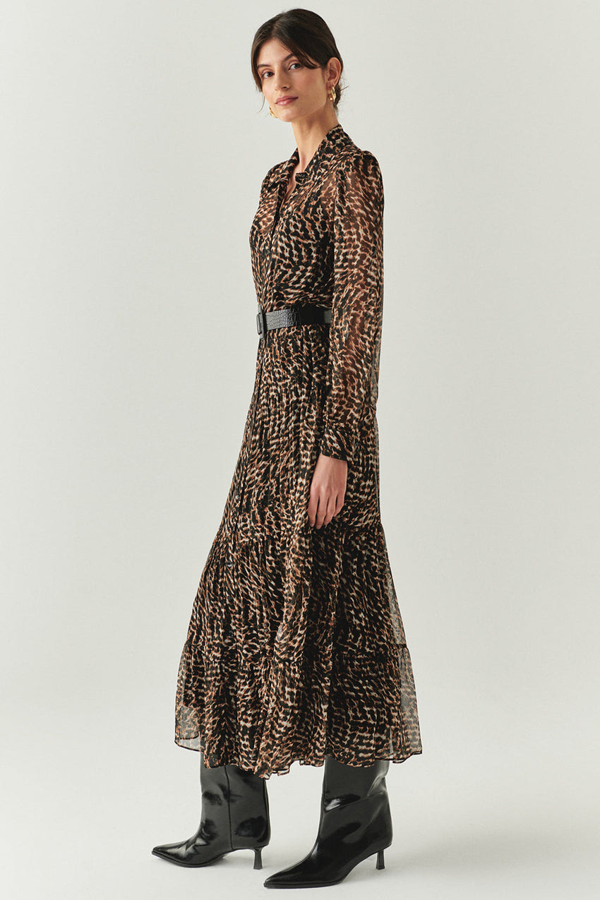 Aliza Printed Chiffon Belted Shirt Dress