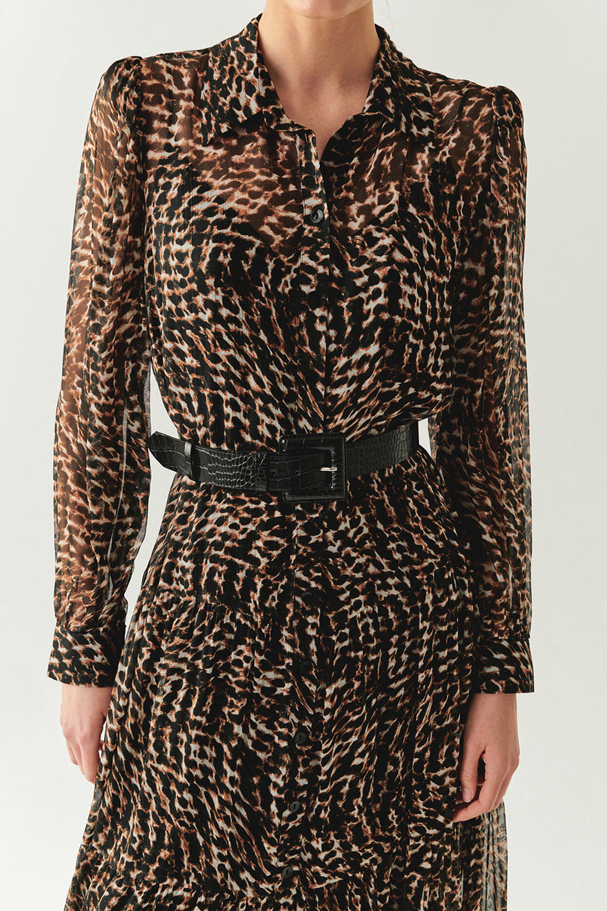 Aliza Printed Chiffon Belted Shirt Dress