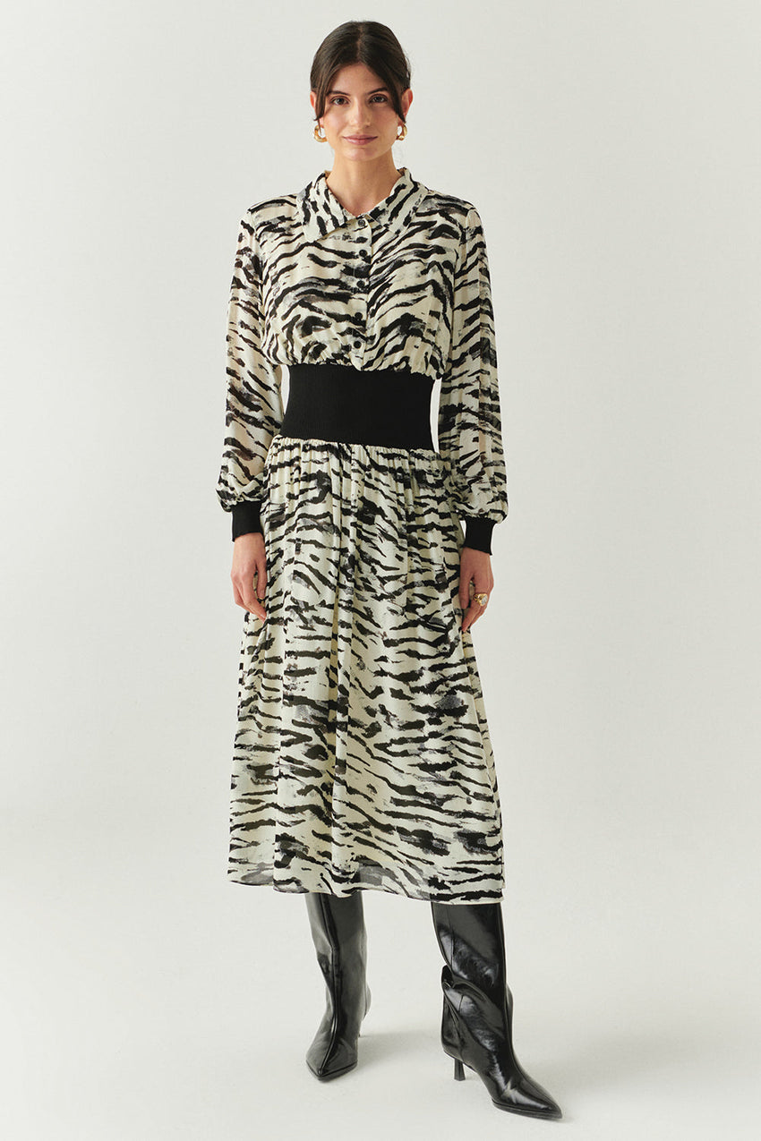 Zebra Patterned Waist Ribbed Regular Lined Midi Black Bone Dress Black Bone