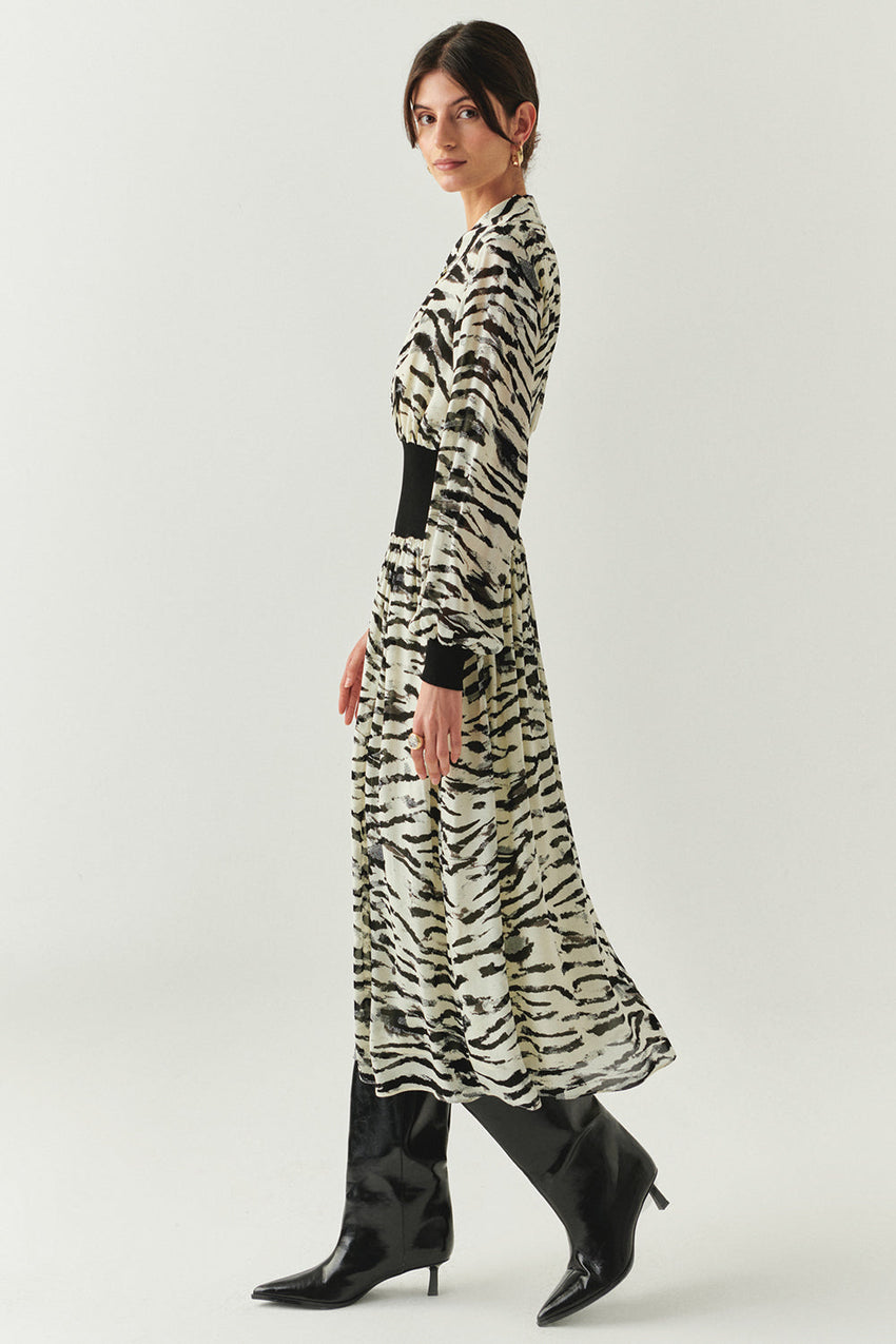 Zebra Patterned Waist Ribbed Regular Lined Midi Black Bone Dress Black Bone