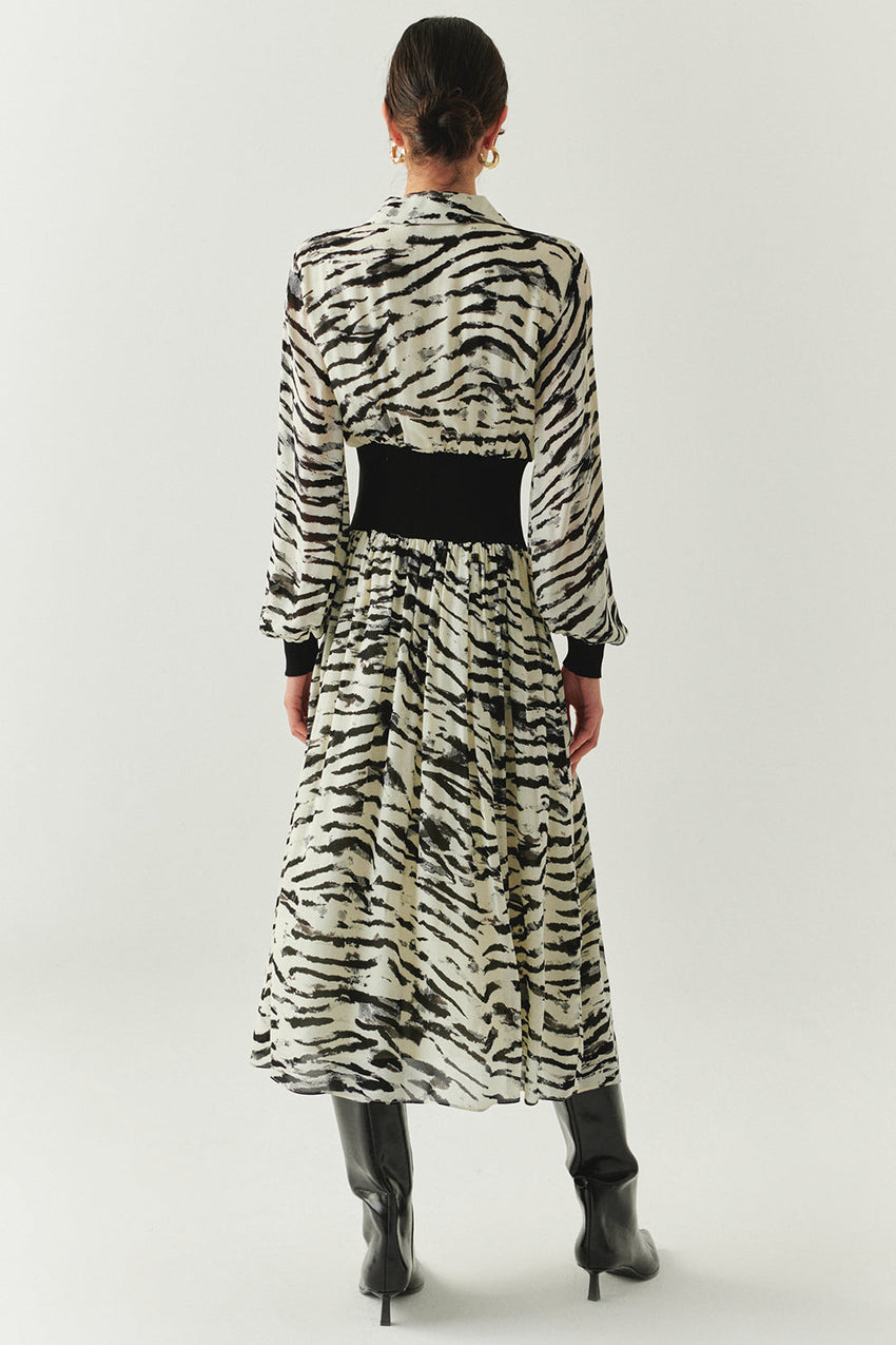 Zebra Patterned Waist Ribbed Regular Lined Midi Black Bone Dress Black Bone