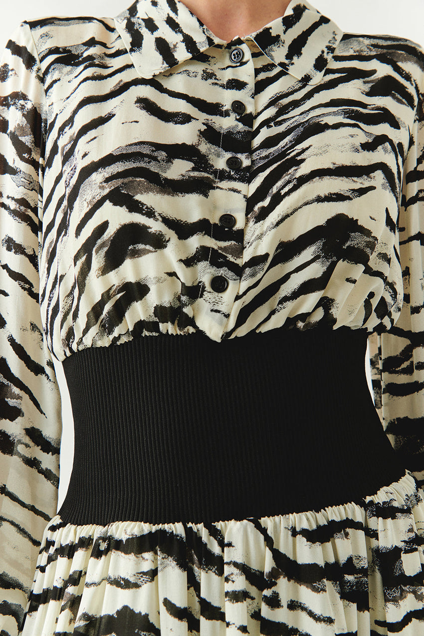 Zebra Patterned Waist Ribbed Regular Lined Midi Black Bone Dress Black Bone