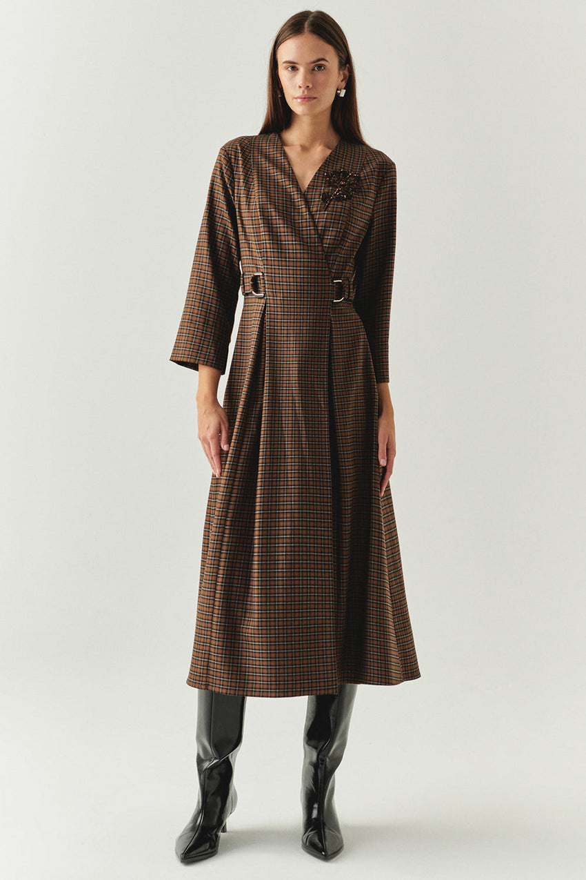 Aila Multi Print 3/4 Sleeve Notched Lapel Dress with Pockets and Belted Waist