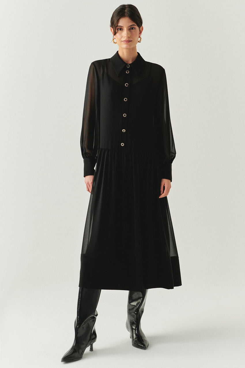 Birdie Black Long Sleeve Shirt Collar Dress
