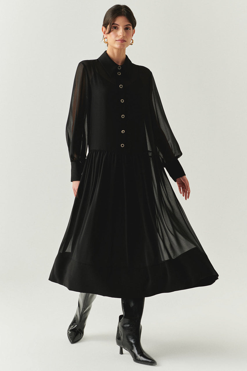 Birdie Black Long Sleeve Shirt Collar Dress