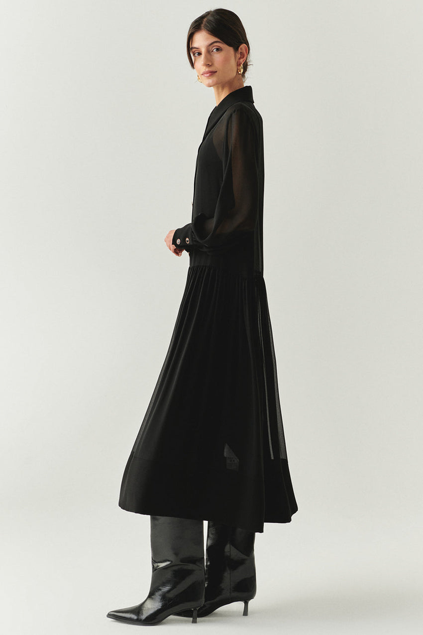 Birdie Black Long Sleeve Shirt Collar Dress