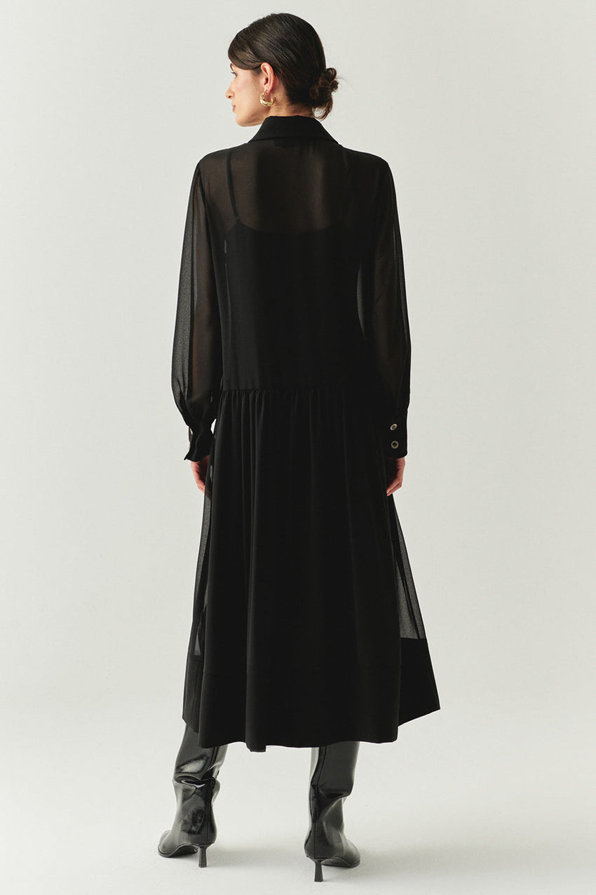 Birdie Black Long Sleeve Shirt Collar Dress