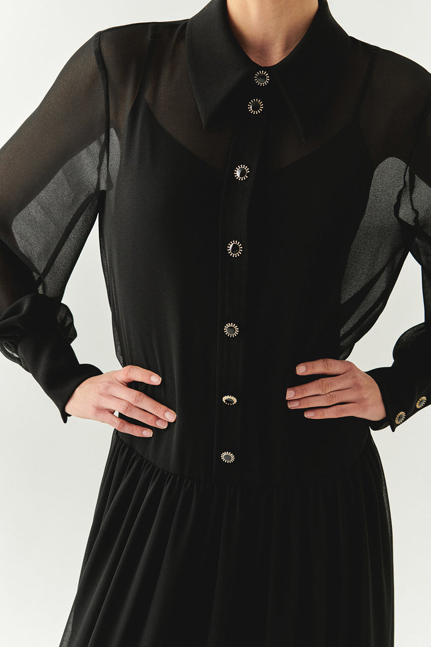 Birdie Black Long Sleeve Shirt Collar Dress
