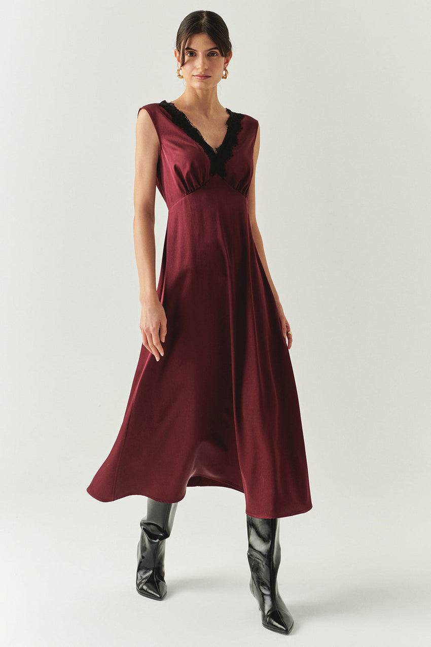 Lace Collar Detailed Regular Satin Midi Cherry Dress Cherry