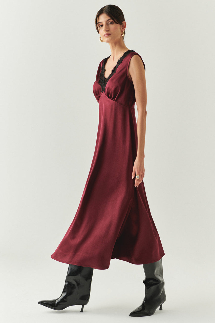 Lace Collar Detailed Regular Satin Midi Cherry Dress Cherry
