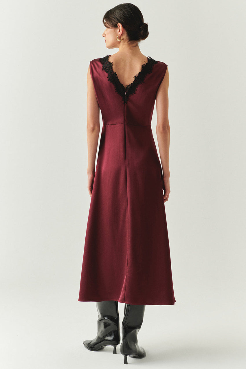 Lace Collar Detailed Regular Satin Midi Cherry Dress Cherry