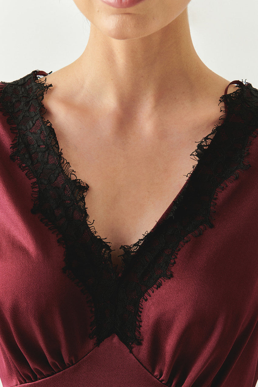 Lace Collar Detailed Regular Satin Midi Cherry Dress Cherry
