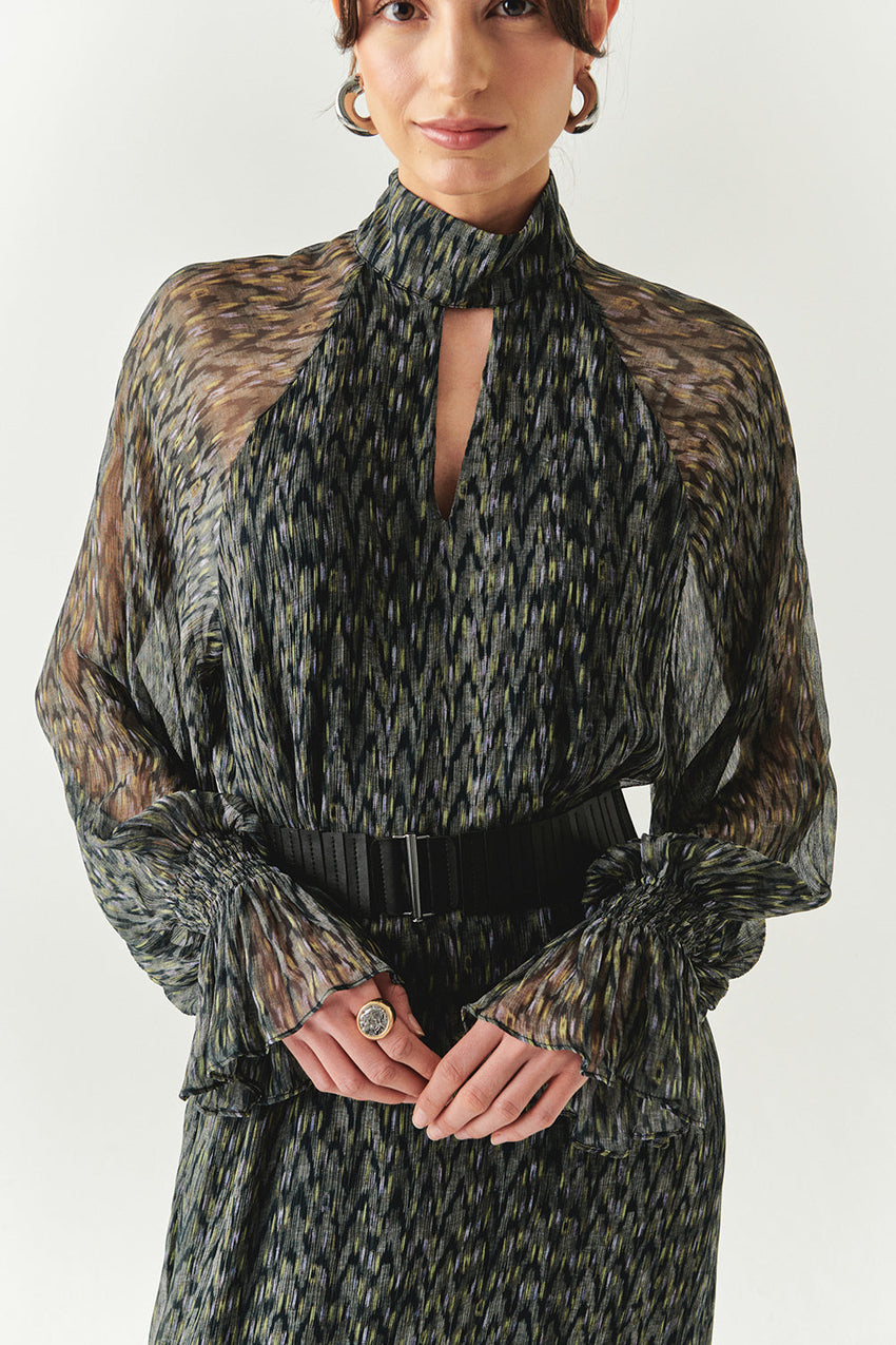 Zora Chiffon Printed Long Sleeve High Neck Dress