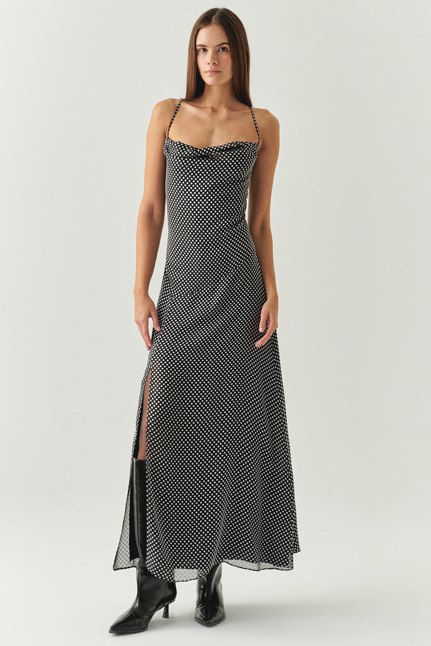 Polka Dot Cowl Neck Slit Detail Regular Midi Grey Black Dress Grey Black