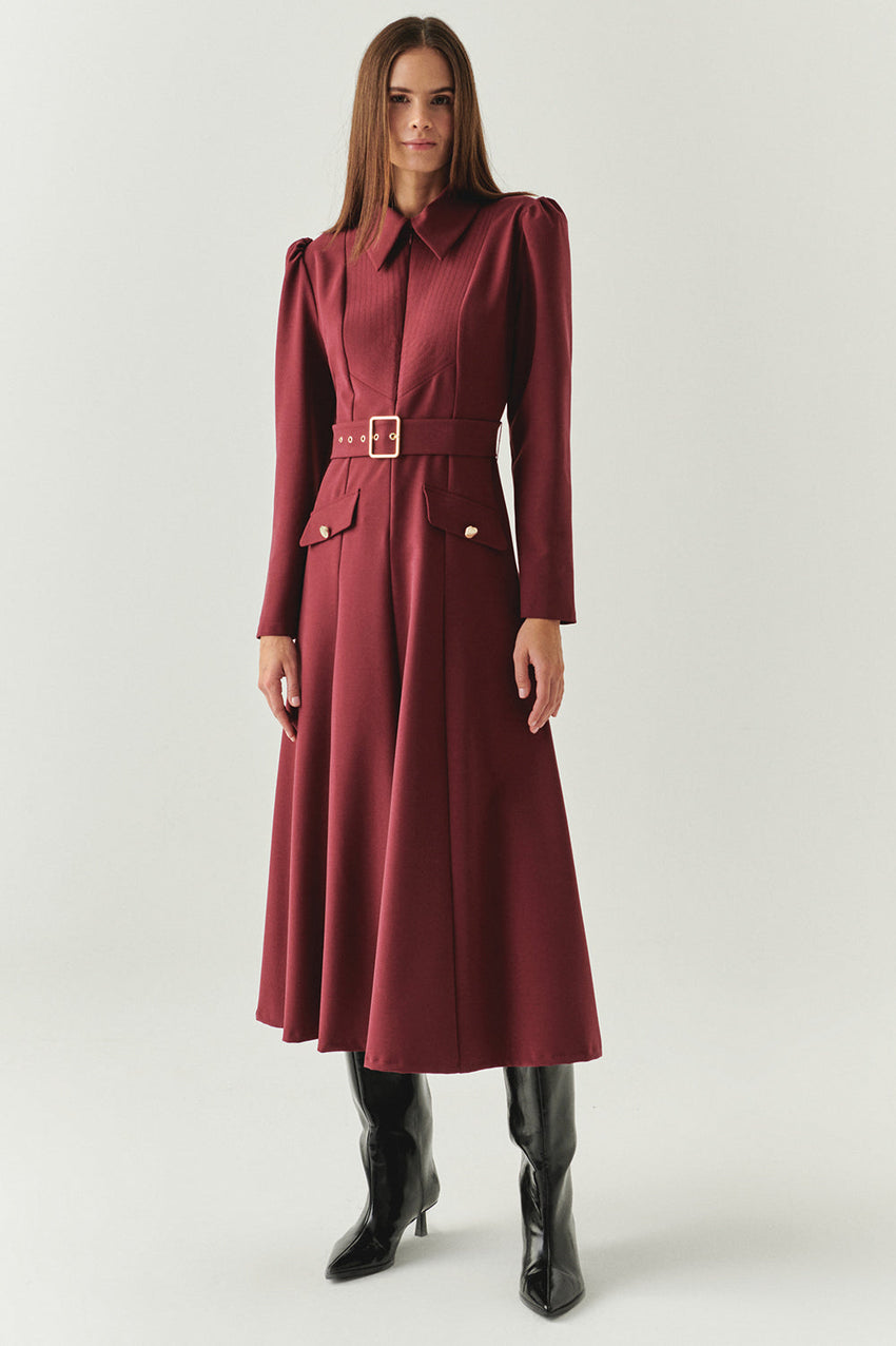 Burgundy Slim Fit Midi Dress with Front Zipper, Long Sleeves, and Belt