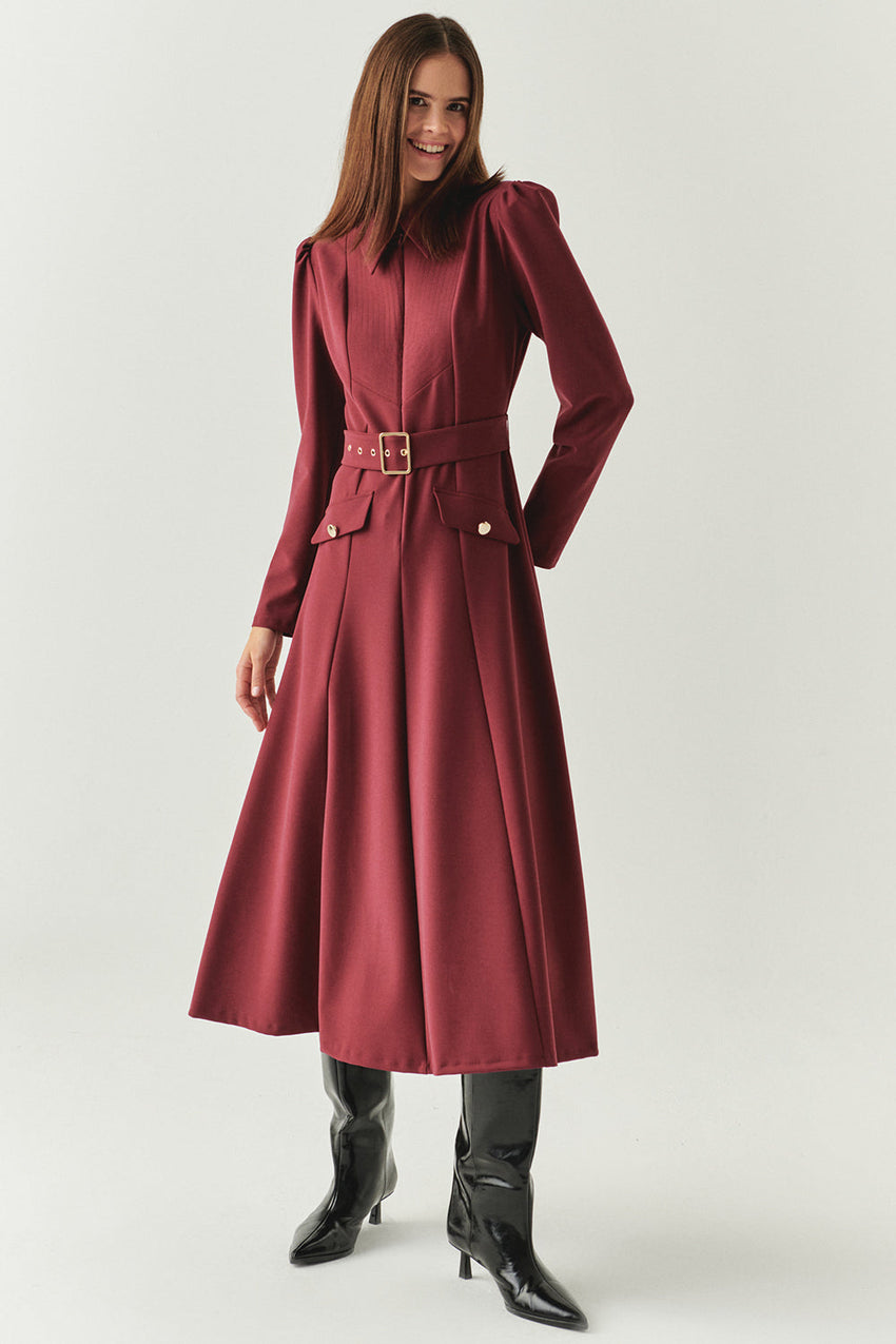 Burgundy Slim Fit Midi Dress with Front Zipper, Long Sleeves, and Belt