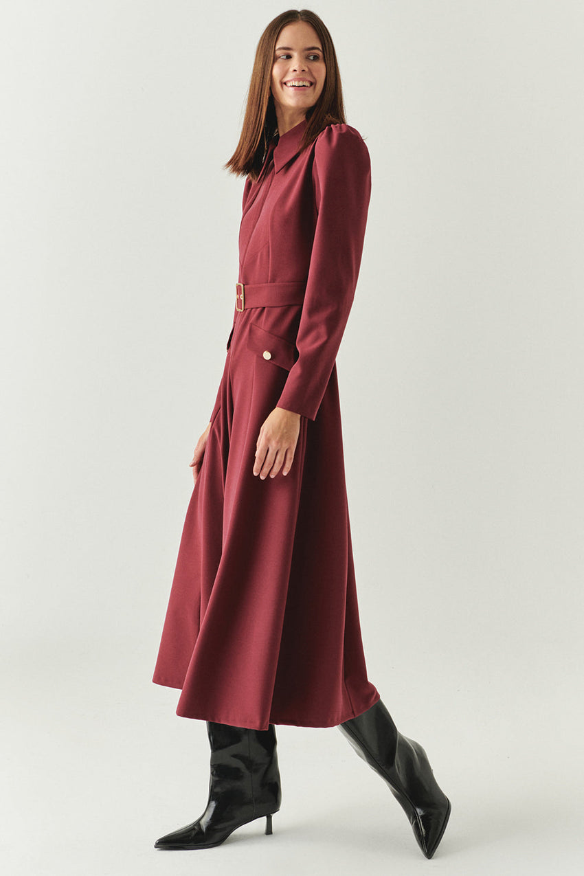Burgundy Slim Fit Midi Dress with Front Zipper, Long Sleeves, and Belt