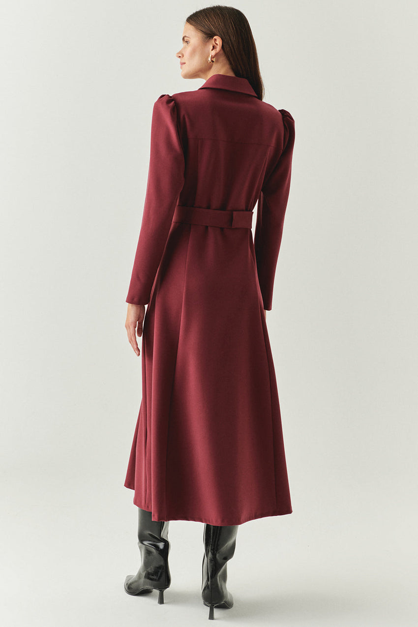 Burgundy Slim Fit Midi Dress with Front Zipper, Long Sleeves, and Belt