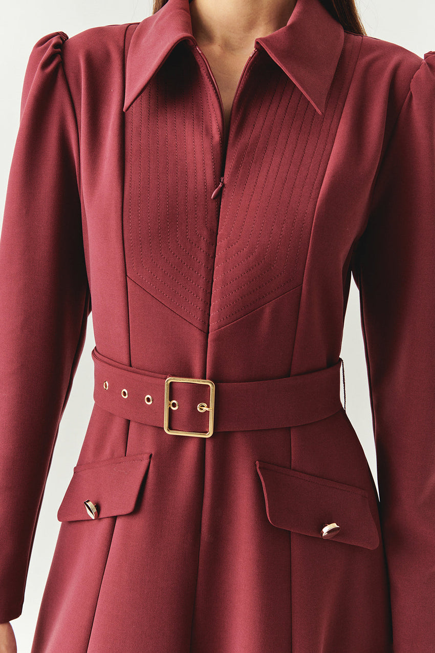 Burgundy Slim Fit Midi Dress with Front Zipper, Long Sleeves, and Belt