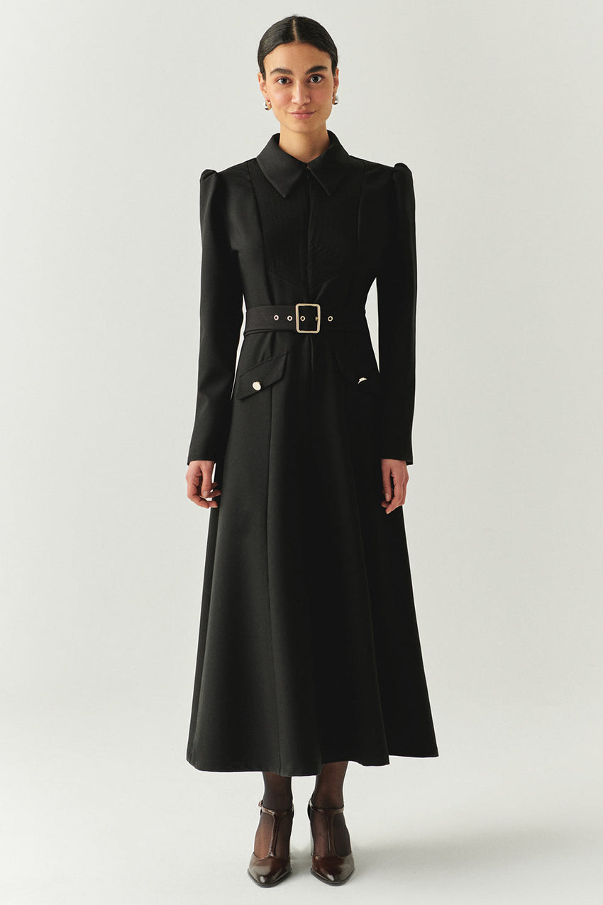Bailee Belted Long Sleeve Shirt Collar Dress with Pockets