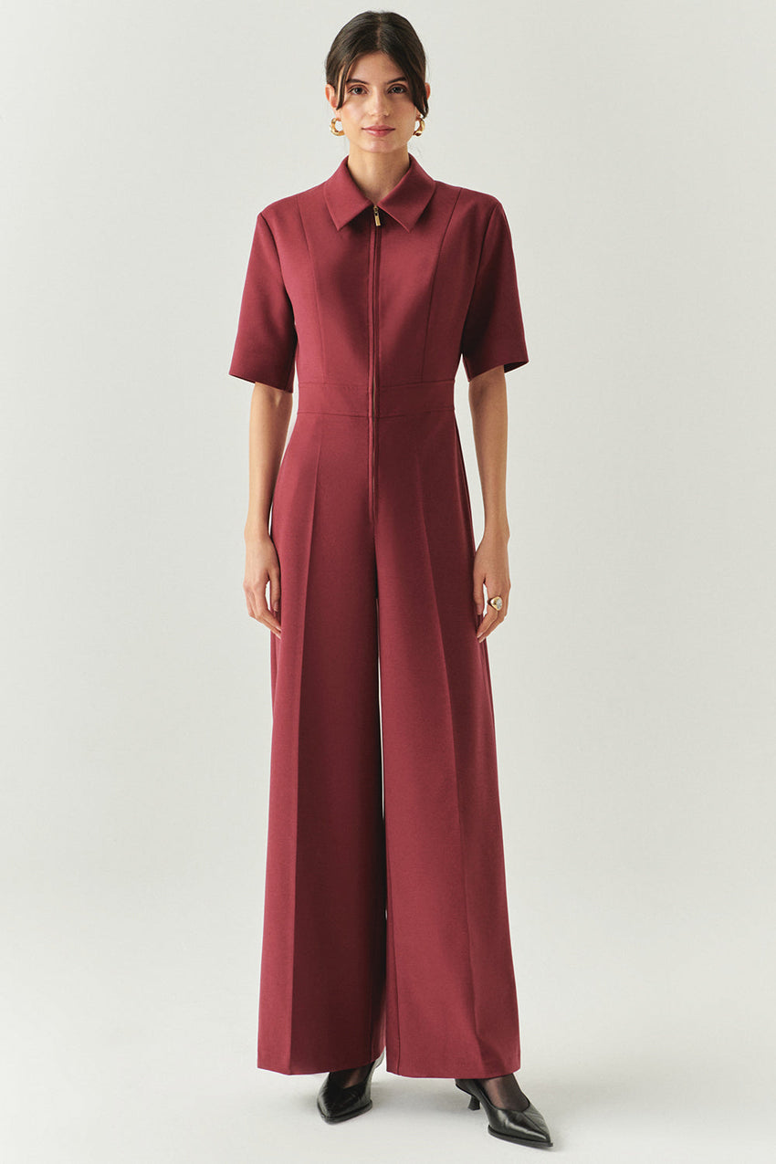 Burgundy Slim Fit Jumpsuit with Short Sleeves, Zipper, and Shirt Collar