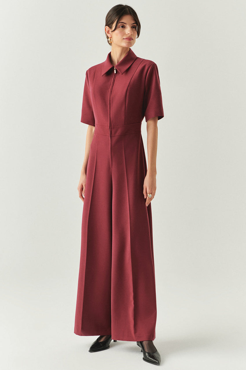 Burgundy Slim Fit Jumpsuit with Short Sleeves, Zipper, and Shirt Collar