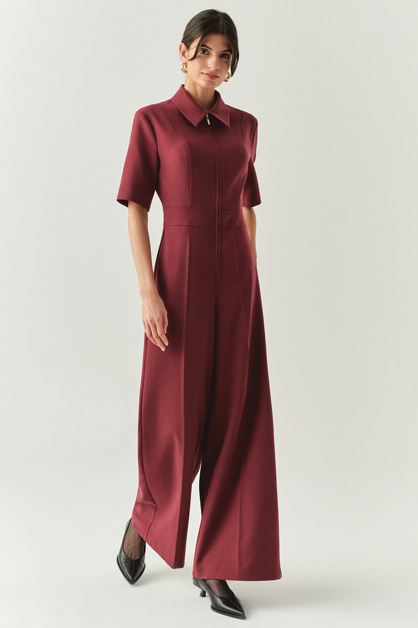 Burgundy Slim Fit Jumpsuit with Short Sleeves, Zipper, and Shirt Collar