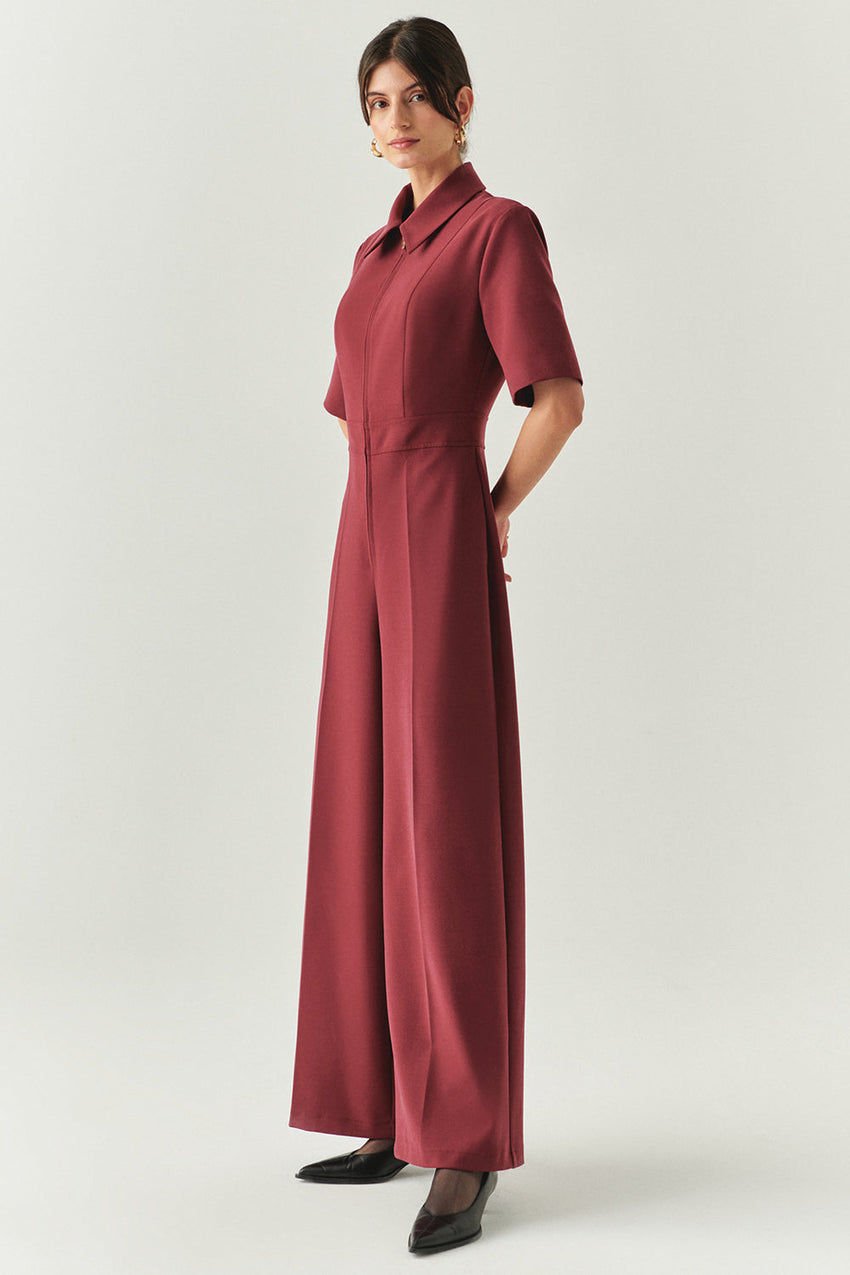 Burgundy Slim Fit Jumpsuit with Short Sleeves, Zipper, and Shirt Collar