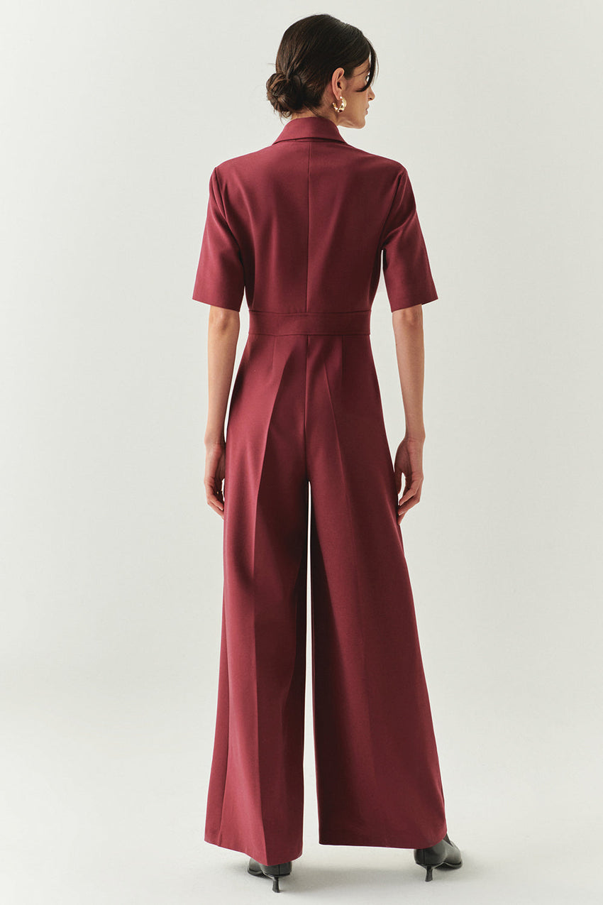 Burgundy Slim Fit Jumpsuit with Short Sleeves, Zipper, and Shirt Collar