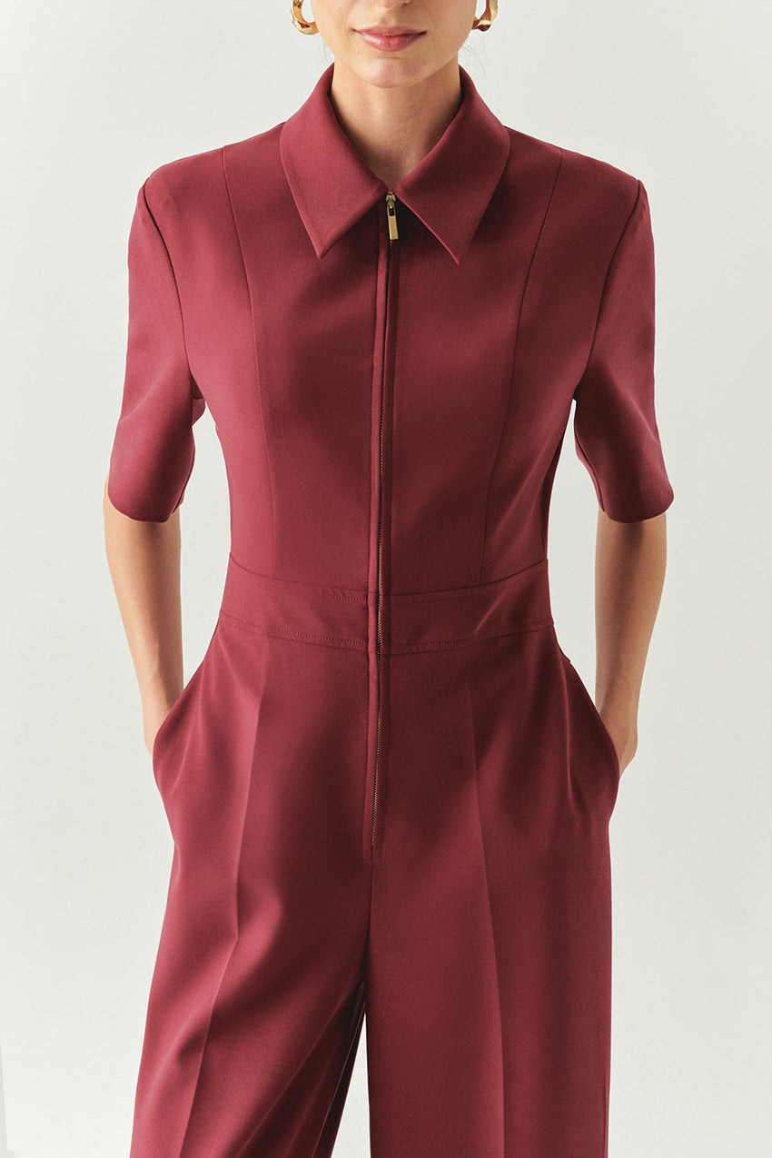 Burgundy Slim Fit Jumpsuit with Short Sleeves, Zipper, and Shirt Collar