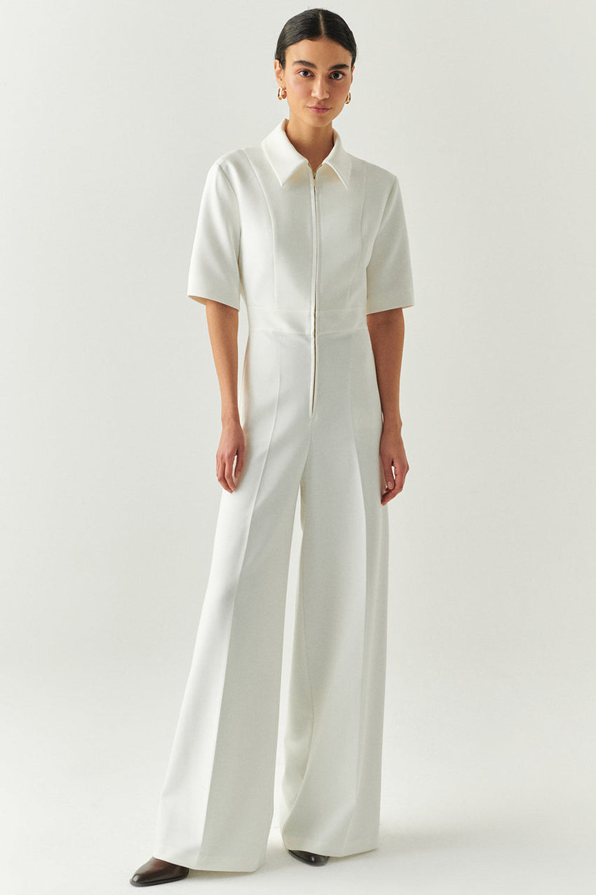 Valery Cream Short Sleeve Shirt Collar Jumpsuit with Pockets