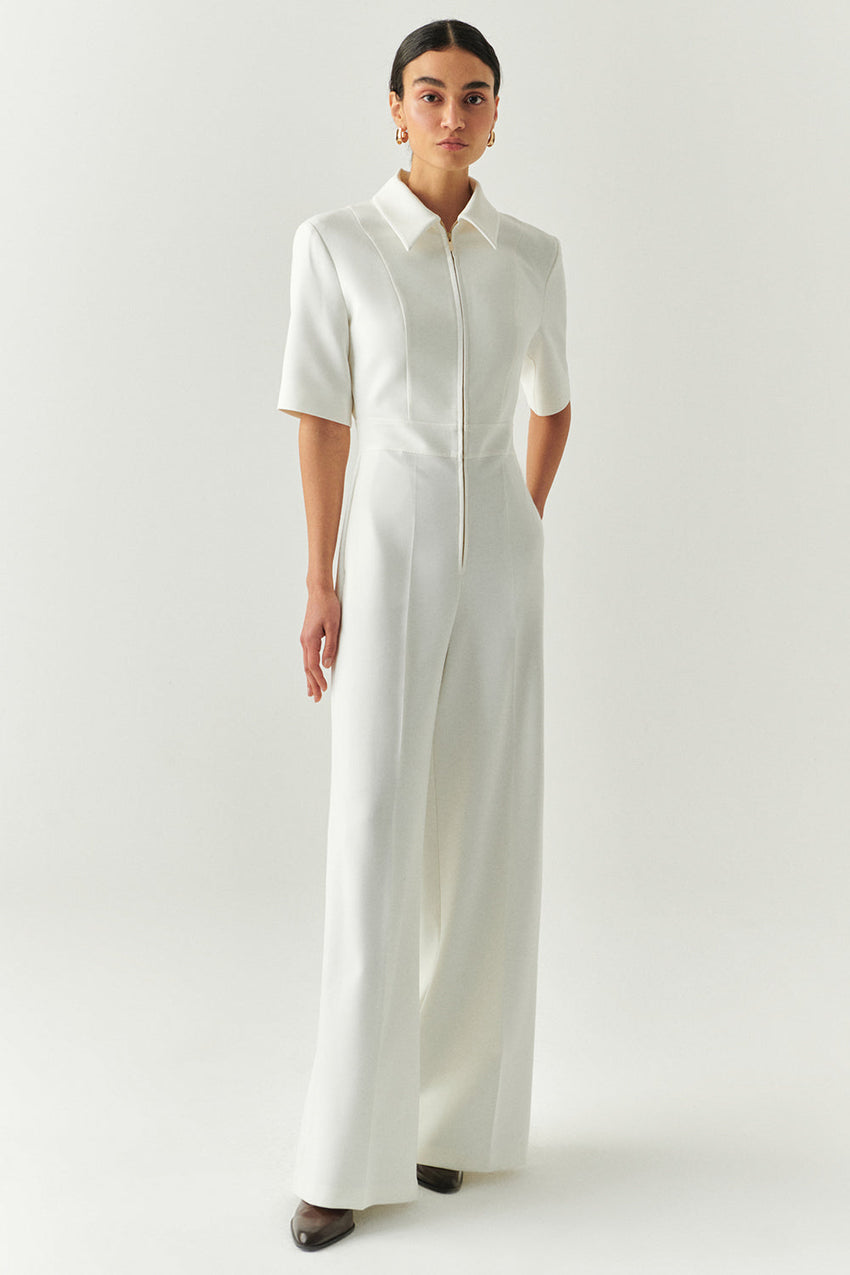 Valery Cream Short Sleeve Shirt Collar Jumpsuit with Pockets