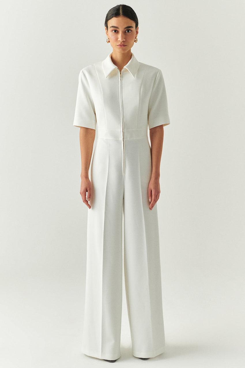 Valery Cream Short Sleeve Shirt Collar Jumpsuit with Pockets