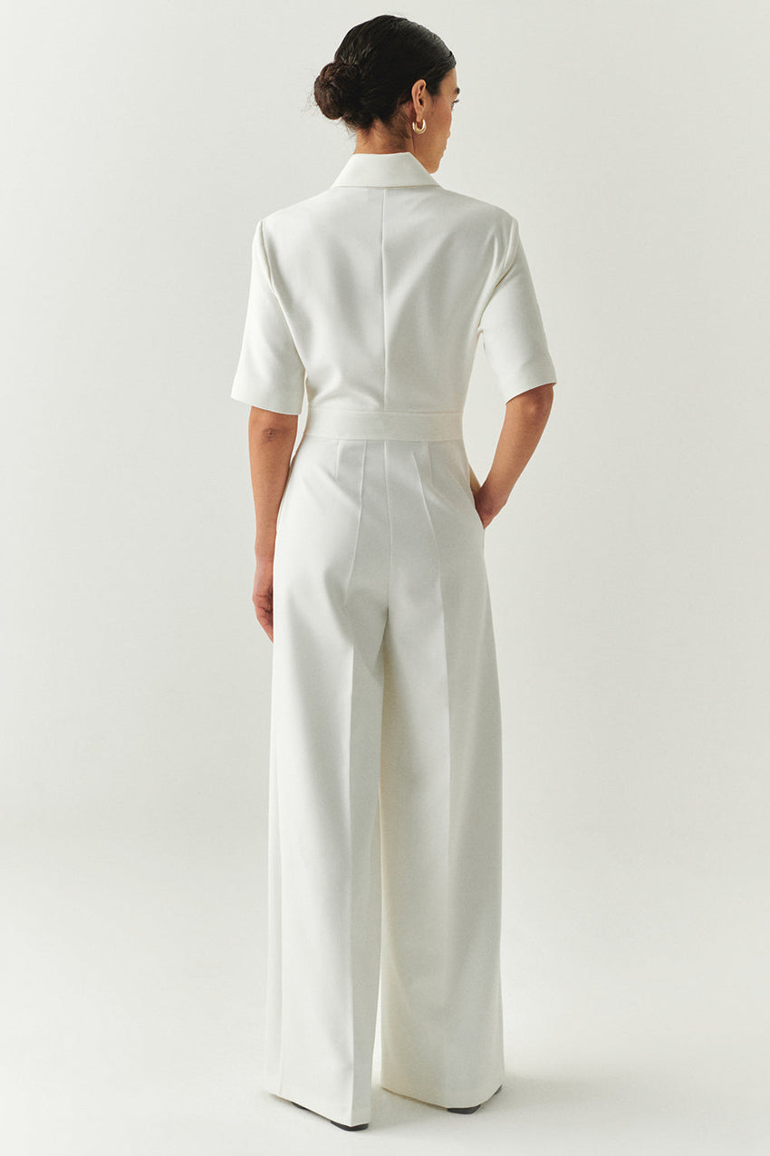 Valery Cream Short Sleeve Shirt Collar Jumpsuit with Pockets