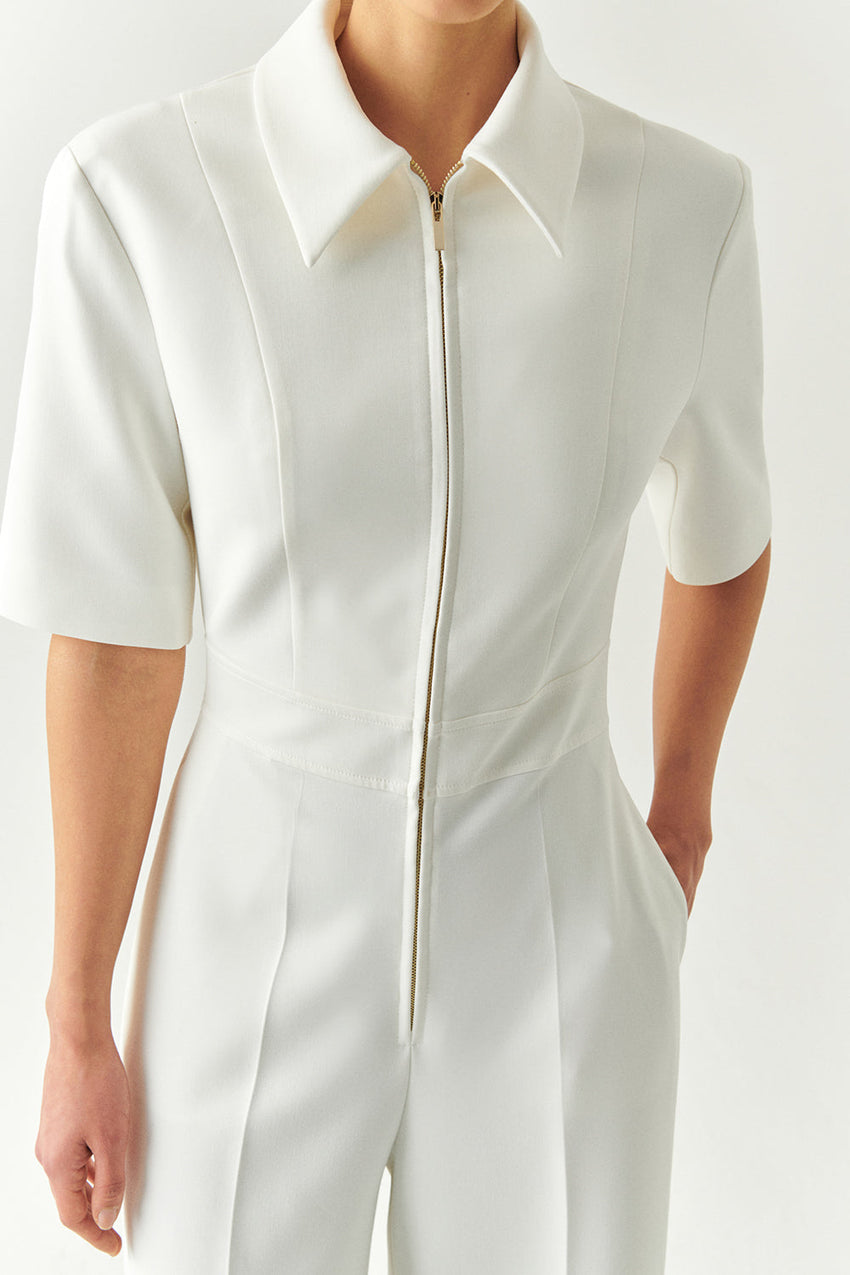 Valery Cream Short Sleeve Shirt Collar Jumpsuit with Pockets