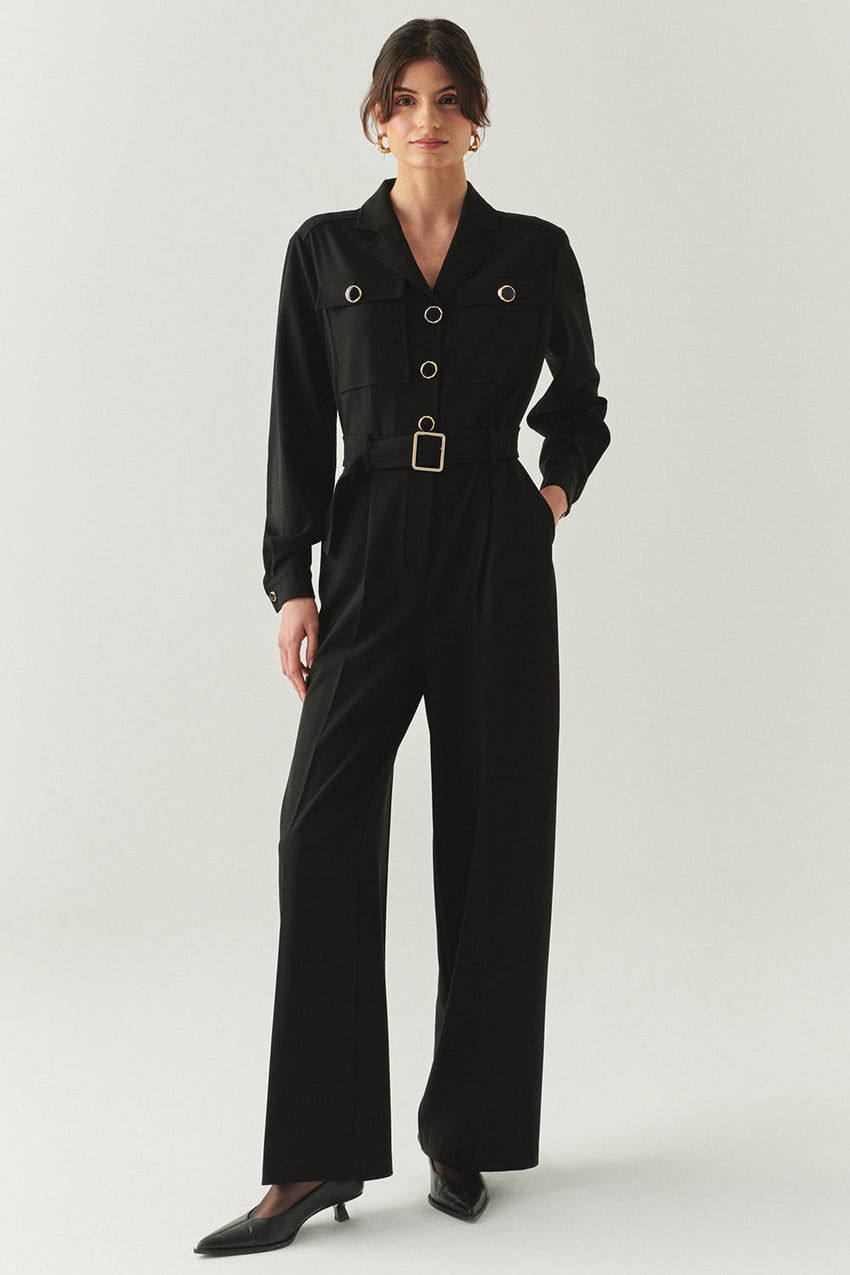 Emmalyn Black Long Sleeve Shirt Collar Jumpsuit with Pockets