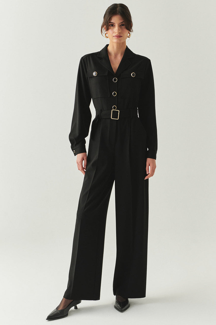 Emmalyn Black Long Sleeve Shirt Collar Jumpsuit with Pockets