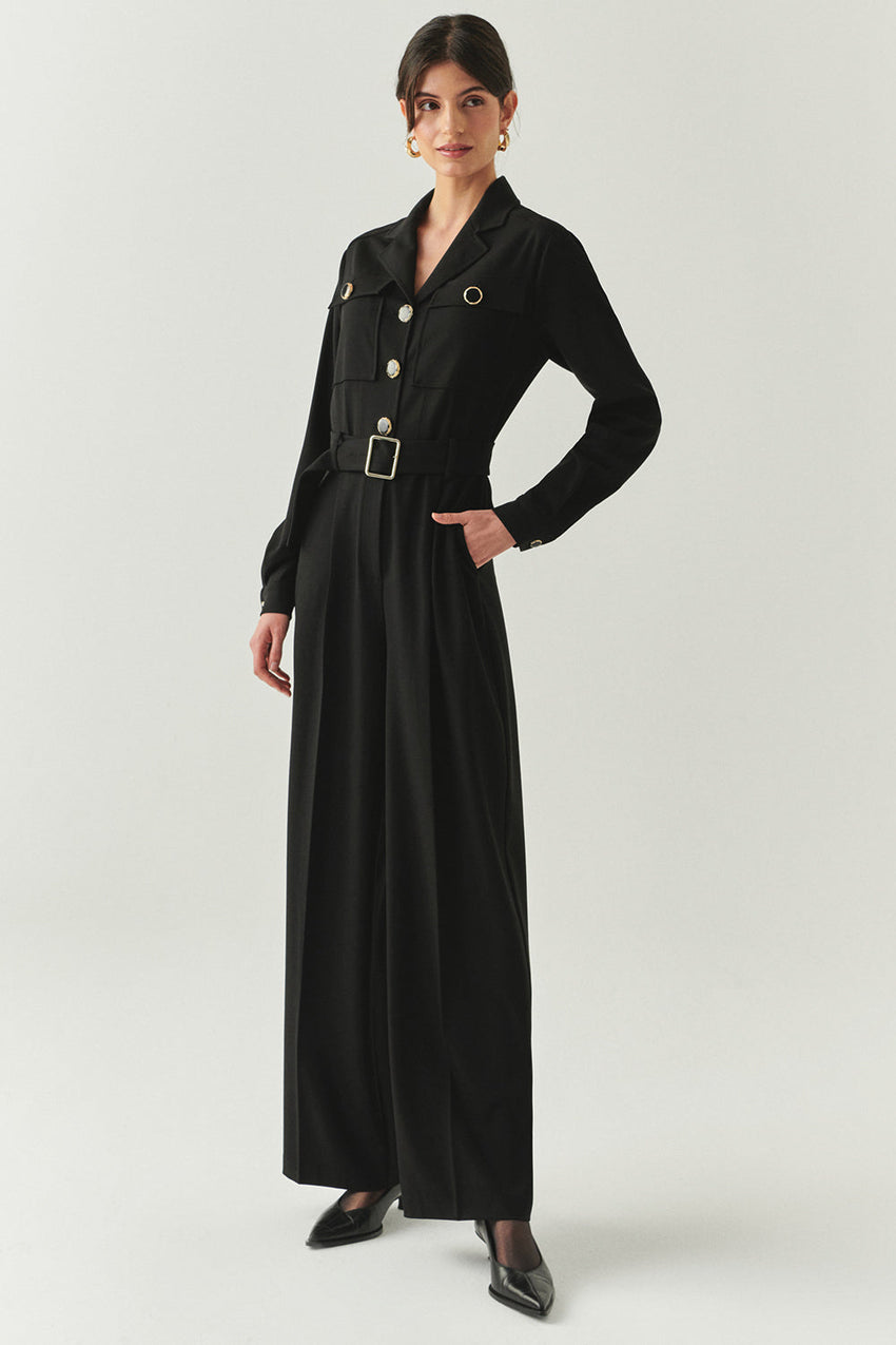 Emmalyn Black Long Sleeve Shirt Collar Jumpsuit with Pockets
