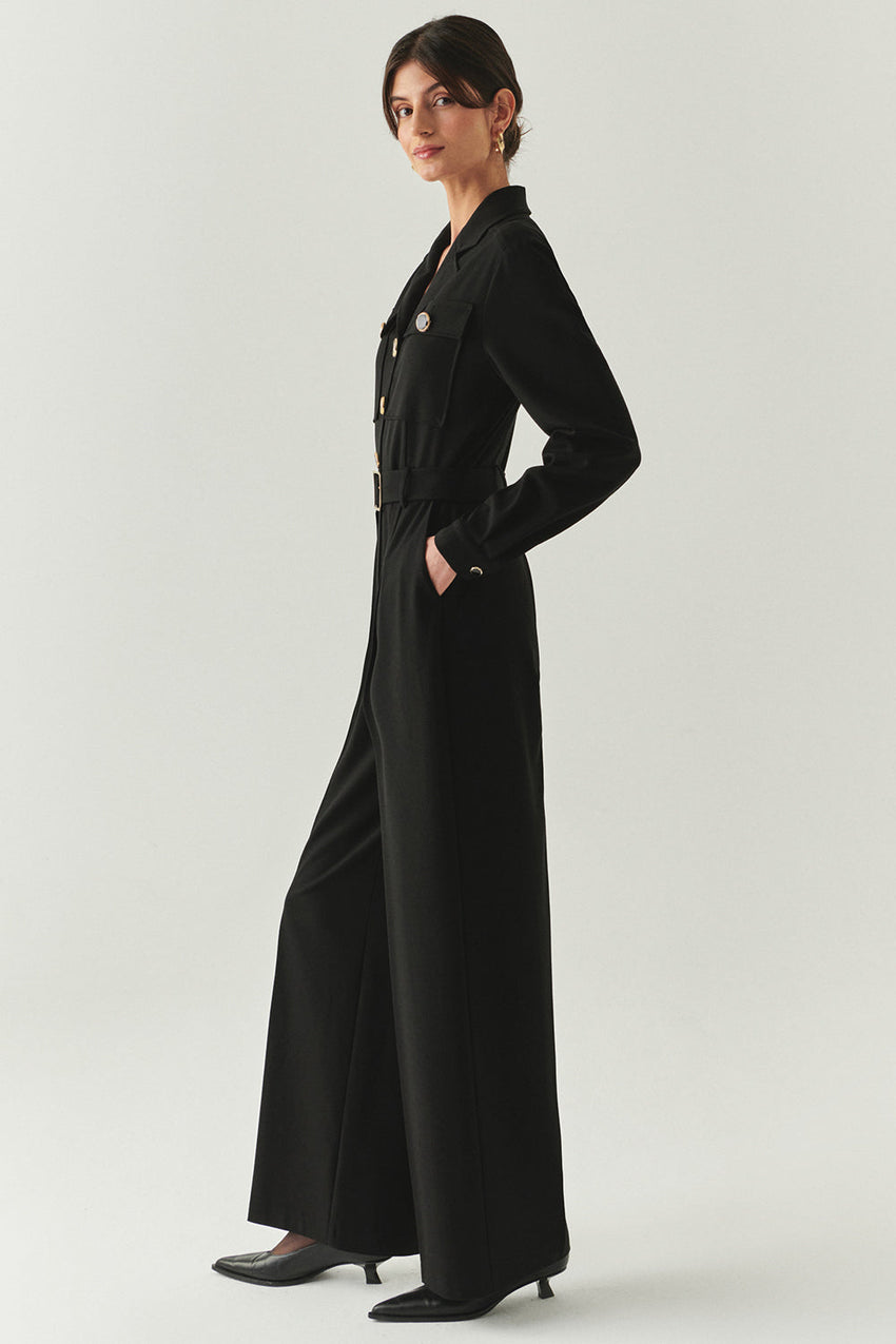 Emmalyn Black Long Sleeve Shirt Collar Jumpsuit with Pockets