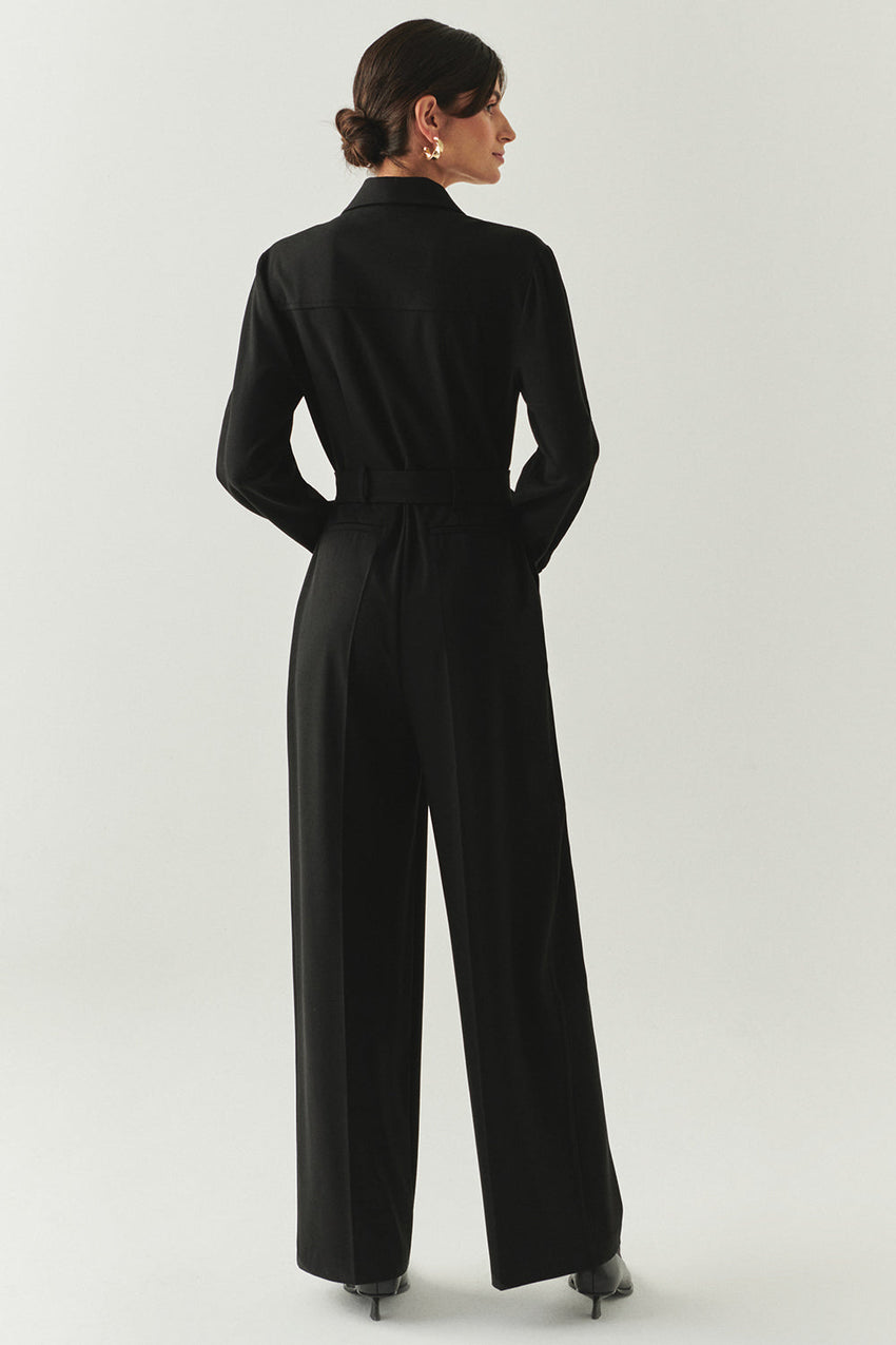 Emmalyn Black Long Sleeve Shirt Collar Jumpsuit with Pockets