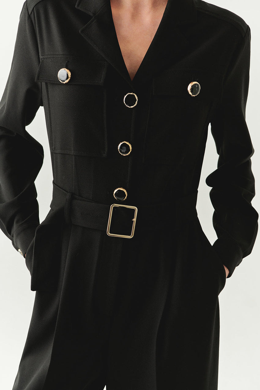 Emmalyn Black Long Sleeve Shirt Collar Jumpsuit with Pockets