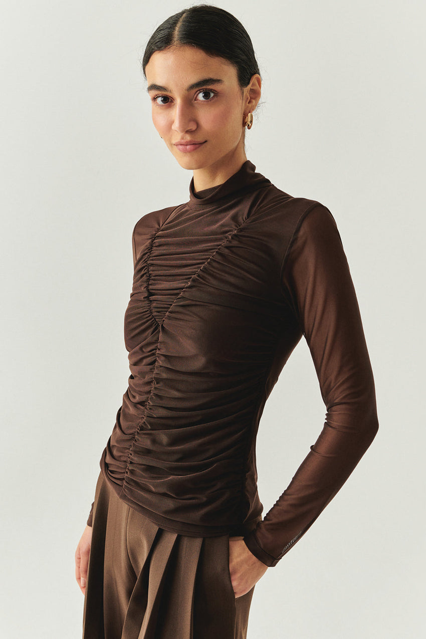 Drew Draped Mesh Turtleneck Blouse