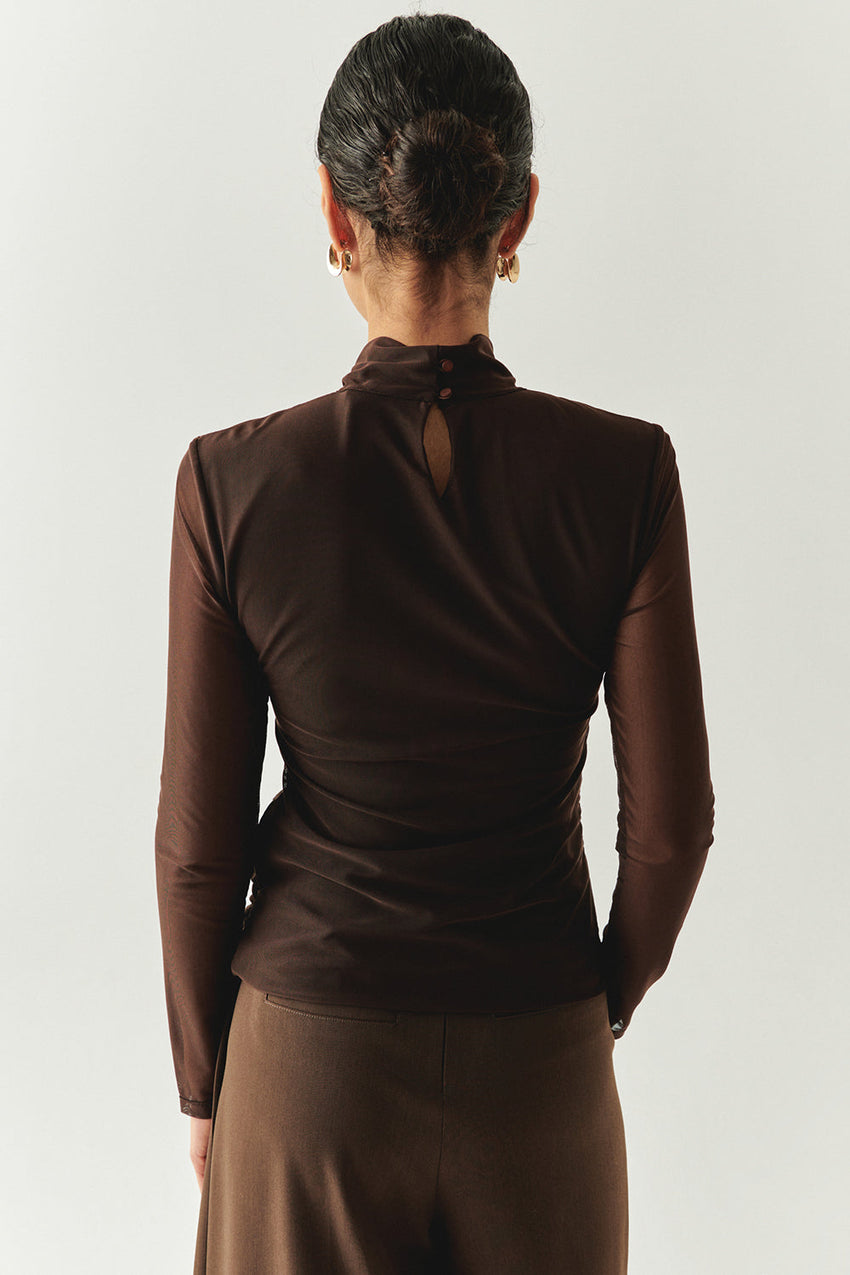 Drew Draped Mesh Turtleneck Blouse