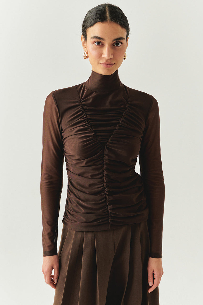 Drew Draped Mesh Turtleneck Blouse