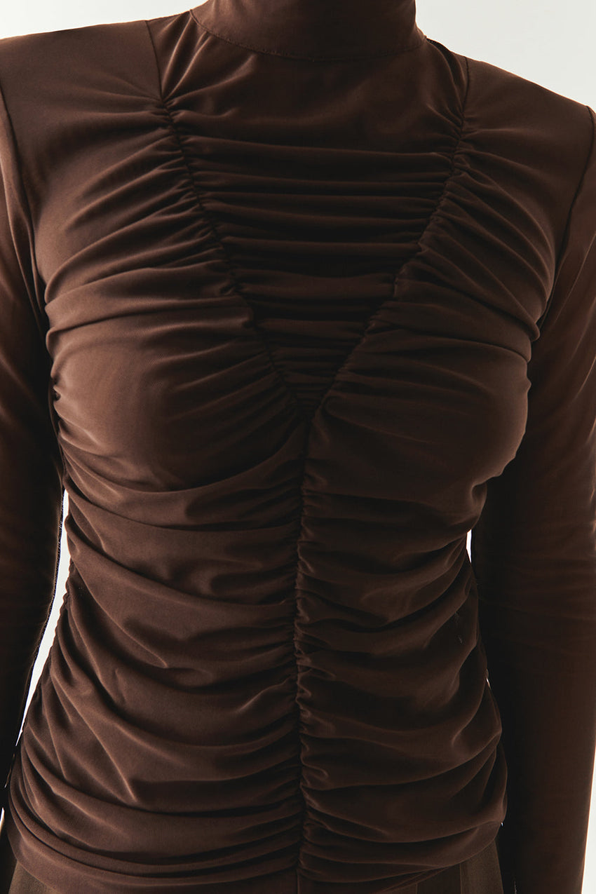Drew Draped Mesh Turtleneck Blouse
