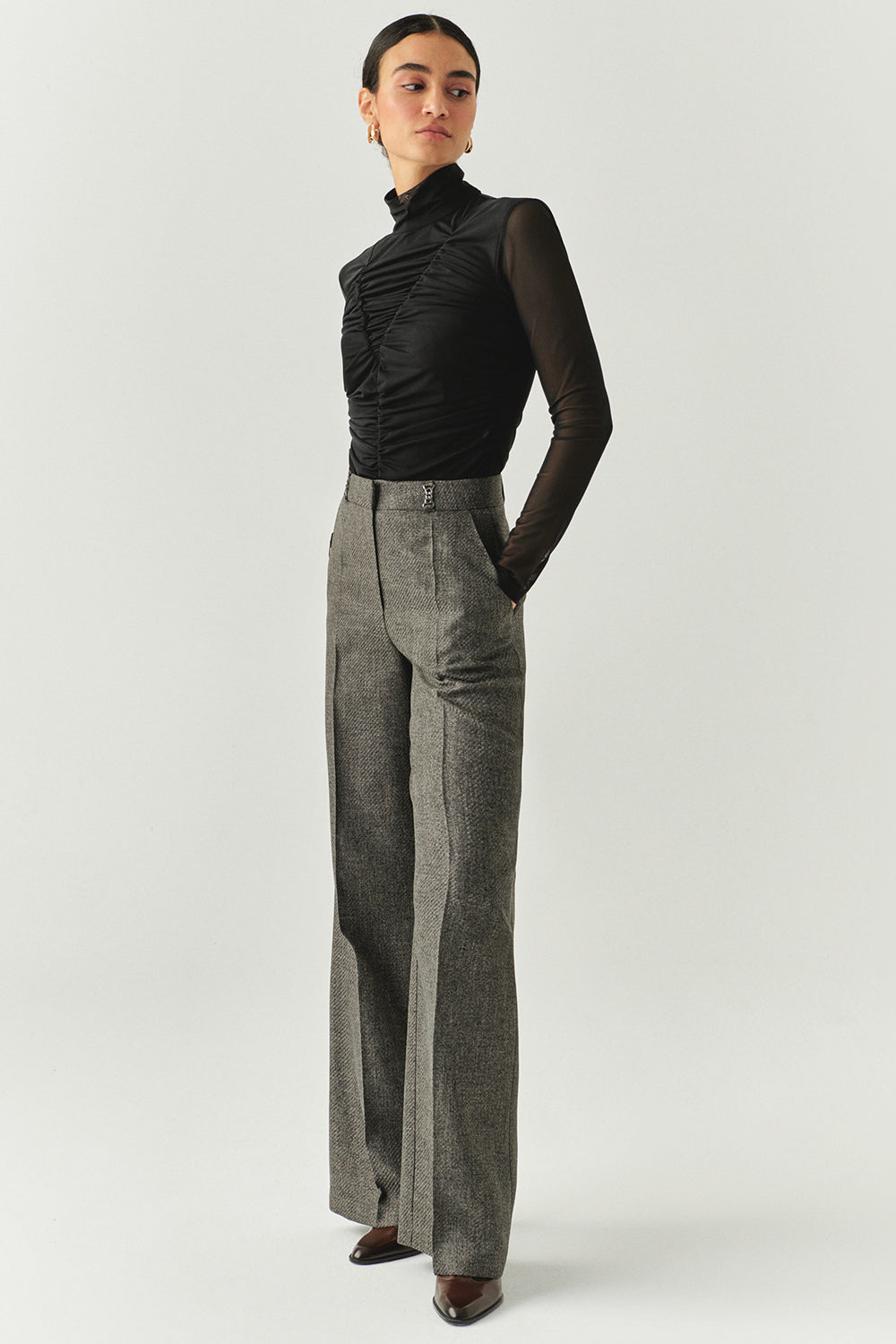 Drew Draped Mesh Turtleneck Blouse