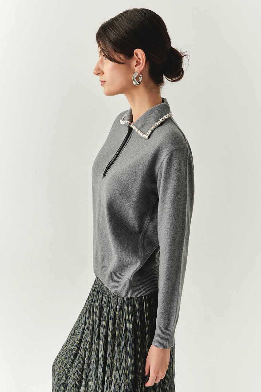 Maleah Pearl Trim Collar Long Sleeve Sweater