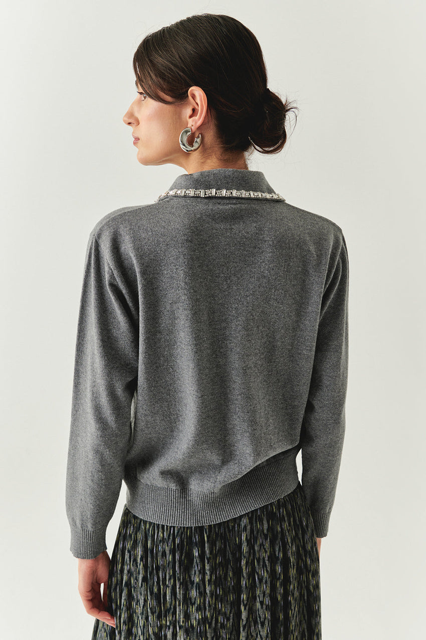 Maleah Pearl Trim Collar Long Sleeve Sweater
