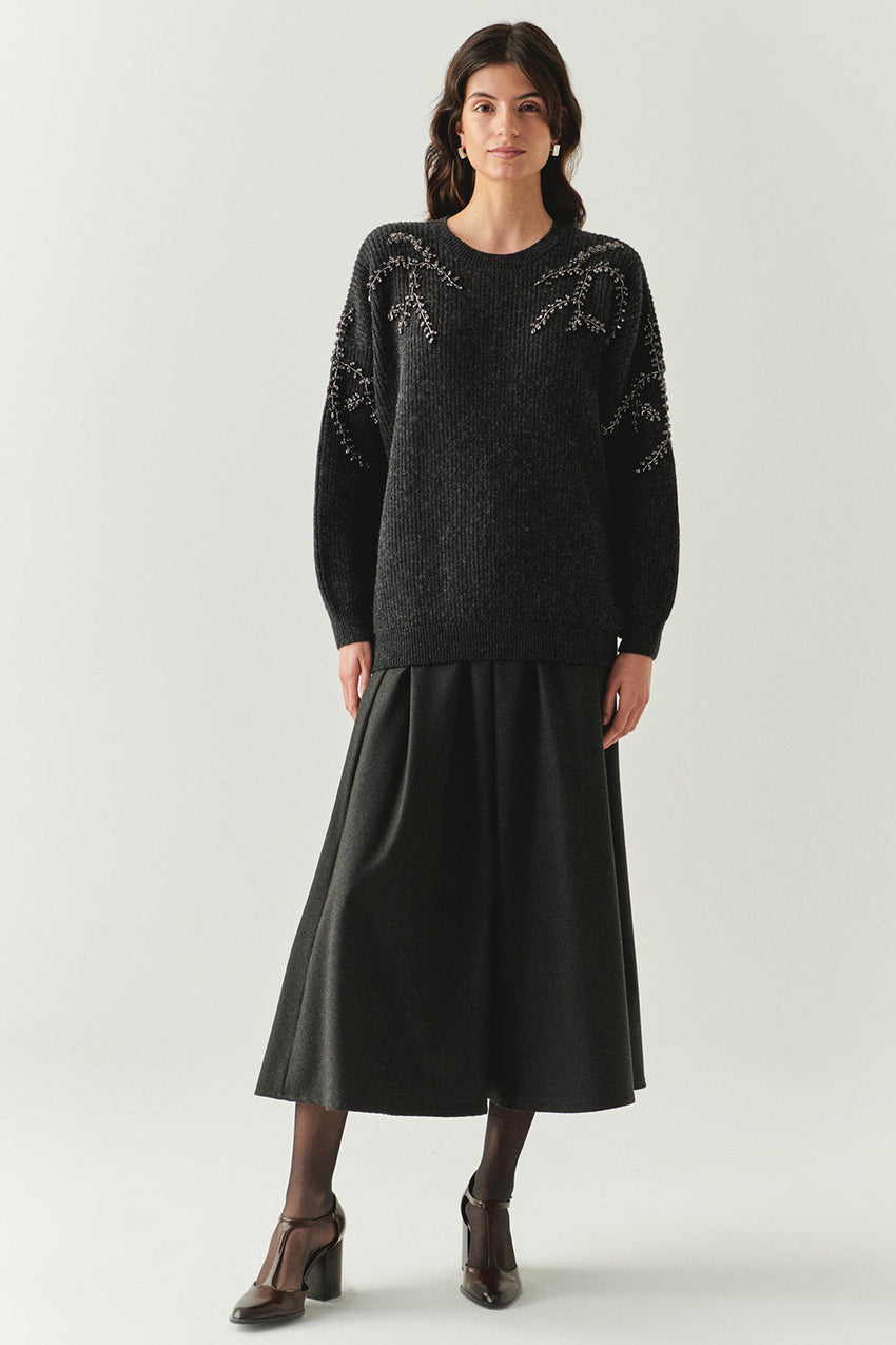 Grace Crew Neck Long Sleeve Sweater with Beaded Sleeves